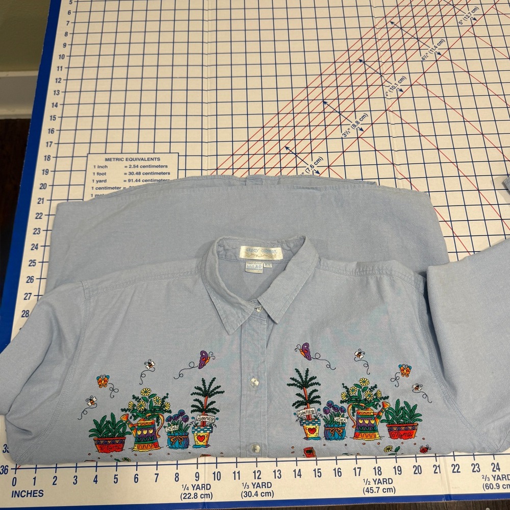 Casey Coleman Vintage Blue Cotton Embroidered Garden Shirt Womens Plant LadyM/L - Picture 10 of 13